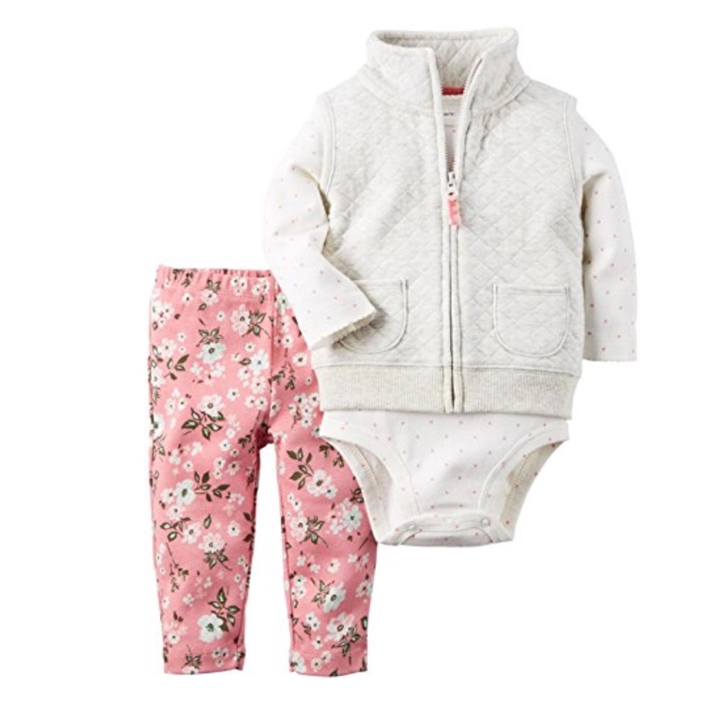 Carter’s 3 Piece Quilted Gray Vest Dot and Floral